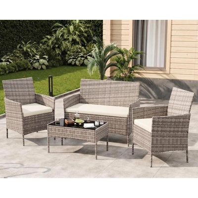 4-Piece Outdoor Furniture Set, PE Rattan Wicker Chairs with Soft Cushions & Tempered Glass Coffee Table - All-Weather Patio Set for Garden, Backyard, Porch, Poolside (Grey/Beige)