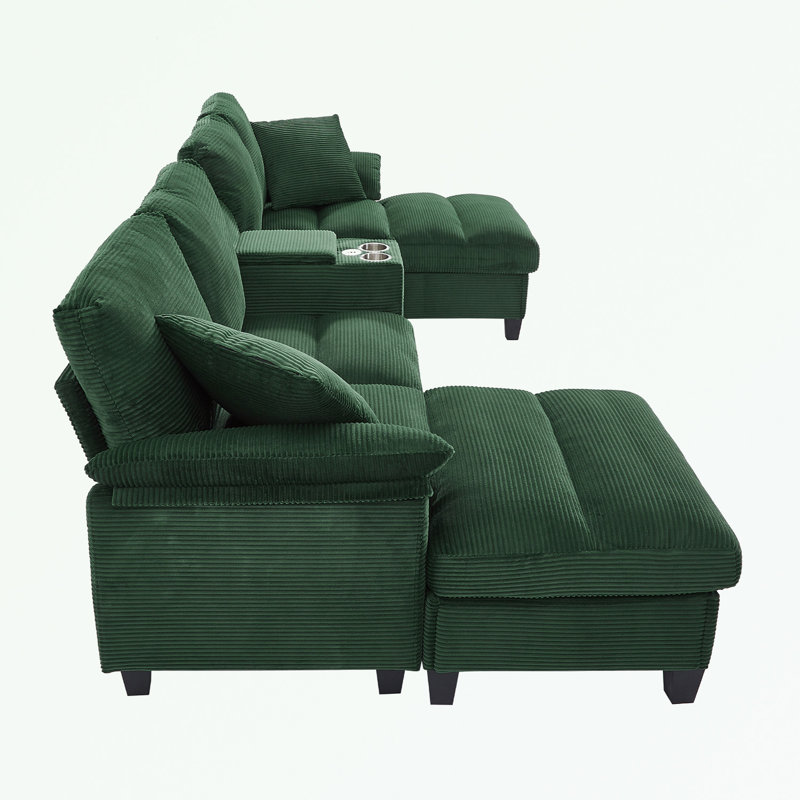 Canapé modulaire en U en velours côtelé avec repose-pieds, porte-gobelets et ports USB, Velours côtelé vert