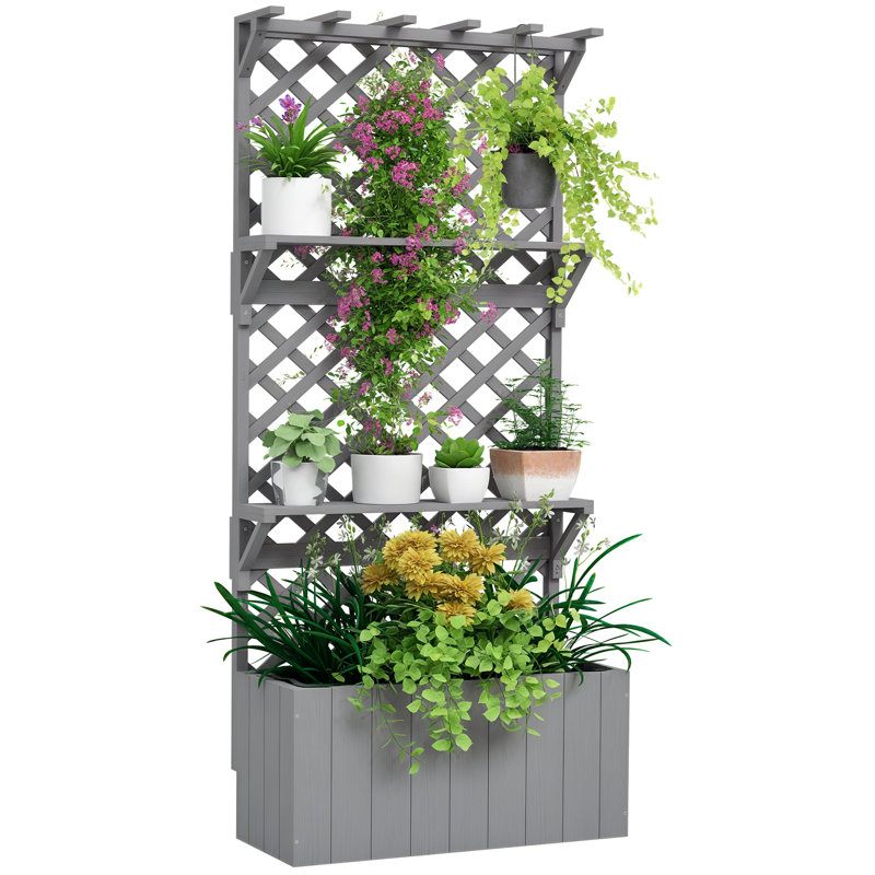 Lit de jardin surélevé avec treillis et tablette pour plantes, gris