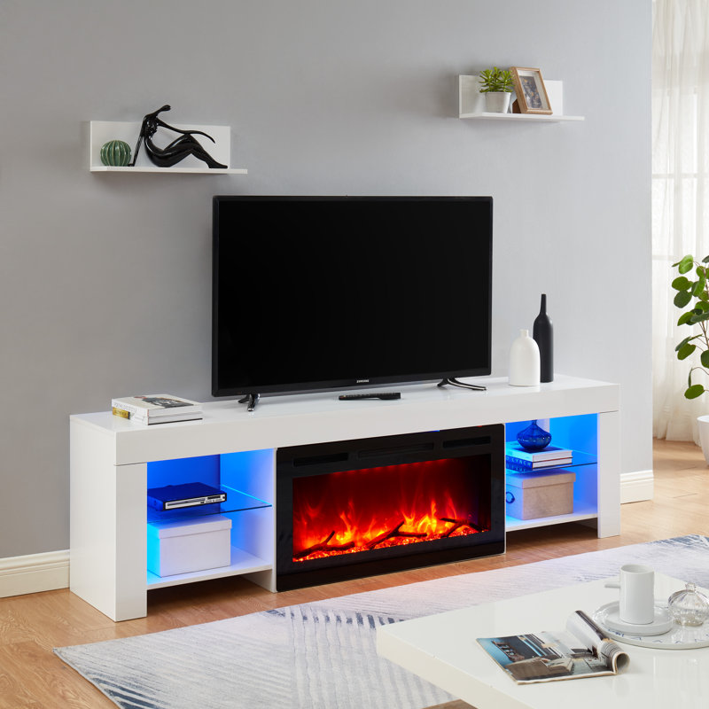 Meuble télé moderne 85 po avec foyer électrique et tablettes à DEL, Blanc