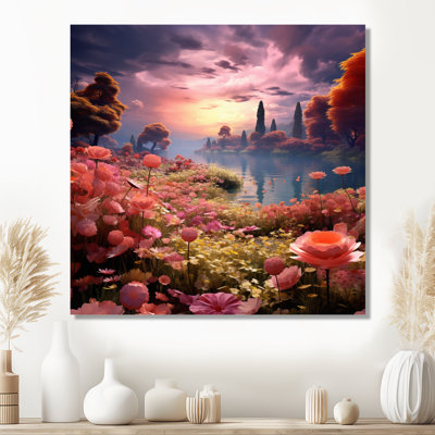 Pink Blossoming Flower River In The Forest II - Flowers Wall Art