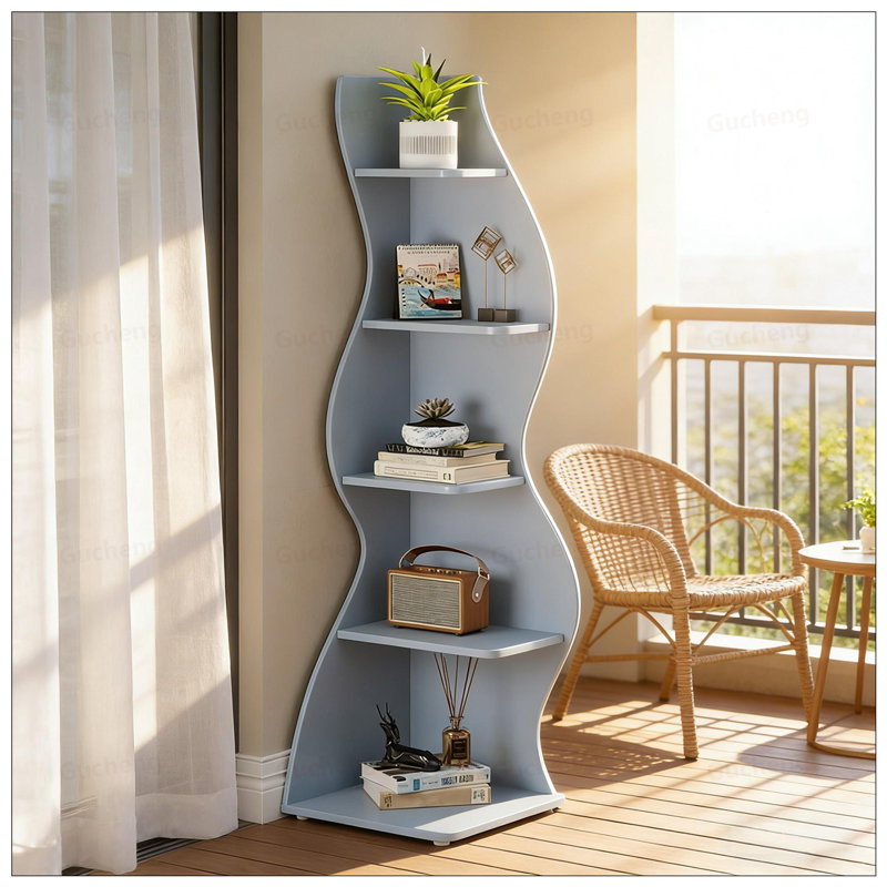 Elegant 5-Tier Corner Bookshelf With Spacious Storage, Ideal For Modern And Vintage Decor, Blue