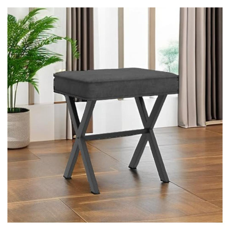 Tabouret de coiffeuse, tabouret de maquillage carré en lin avec pieds en X en métal, petit tabouret de fauteuil avec repose-pieds, couleur grise