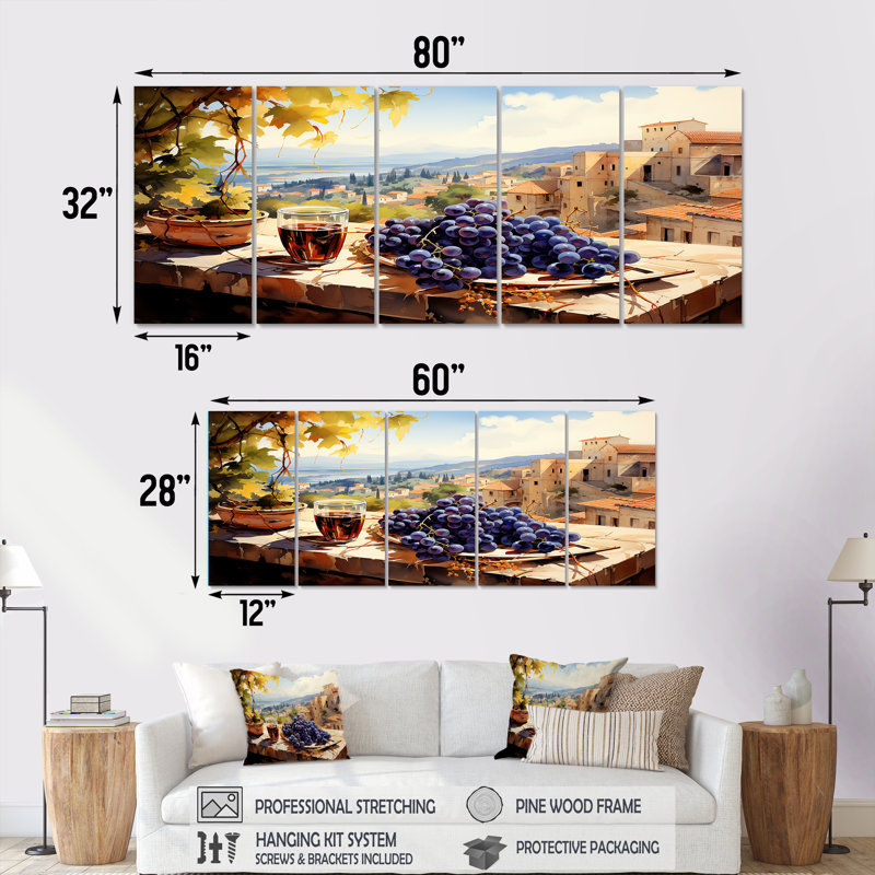 Ensemble de 5 peintures murales mauves, vue sur le balcon toscan, H 32 po x l 80 po