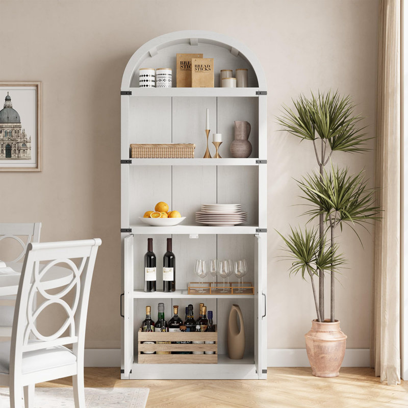 71.65" Arched Farmhouse Bookcase with Cabinet, Wooden 3-Shelf Storage Bookcase for Living Room & Home Office, White