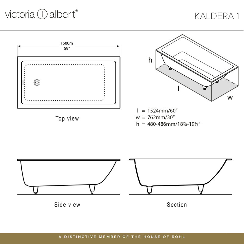 Kaldera 60" x 30" Undermount or Drop-in Bathtub in Volcanic Limestone with Internal Overflow