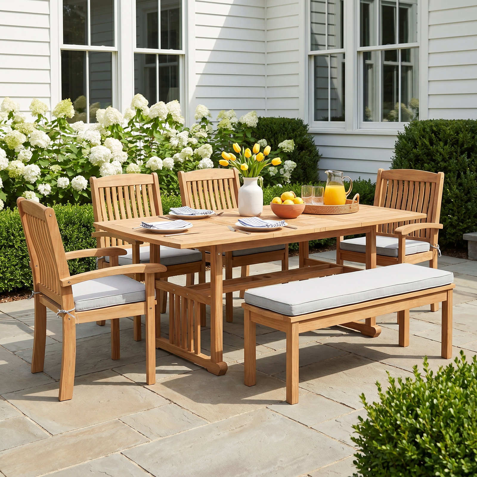 Narelle 85" Teak Patio Dining Set, Beige