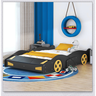 Lit plateforme pleine grandeur en forme de voiture de course avec roues, rangement et caractéristiques de sécurité pour les chambres d'enfants