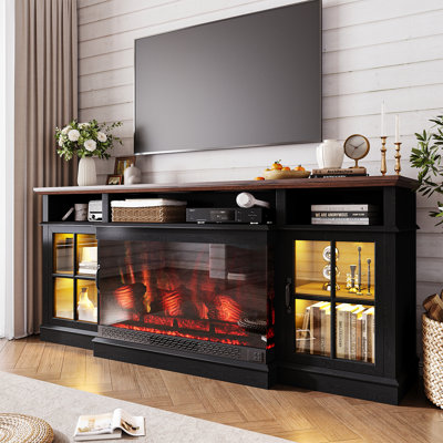Farmhouse TV Stand with 36" Electric Fireplace, Dynamic LED Lights, Glass Cabinet & Ample Storage