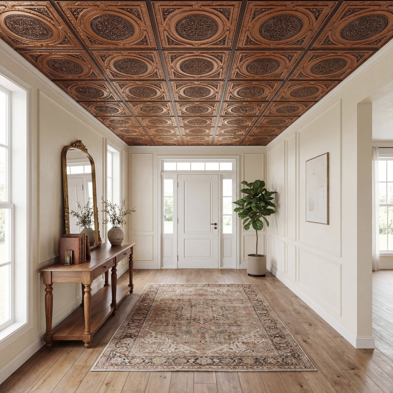 Carreau de plafond en PVC encastré ou collé Steampunk, L 24 po x l 24 po, Laiton antique