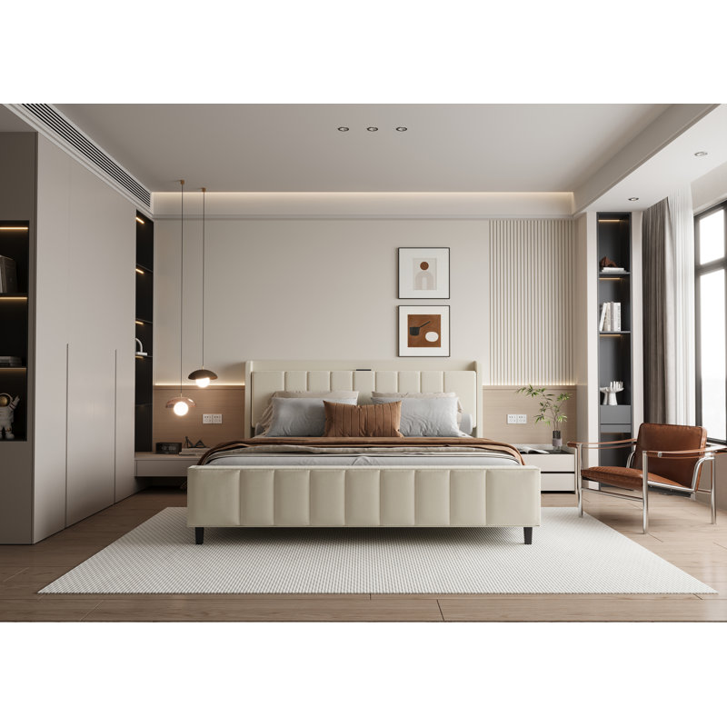 Stubbeman Upholstered  Wingback Bed, Beige, King