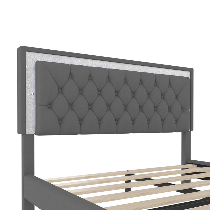 Structure de lit tapissier avec lumières DEL, lit plateforme moderne en velours avec tête de lit capitonnée, Gris, Grand lit