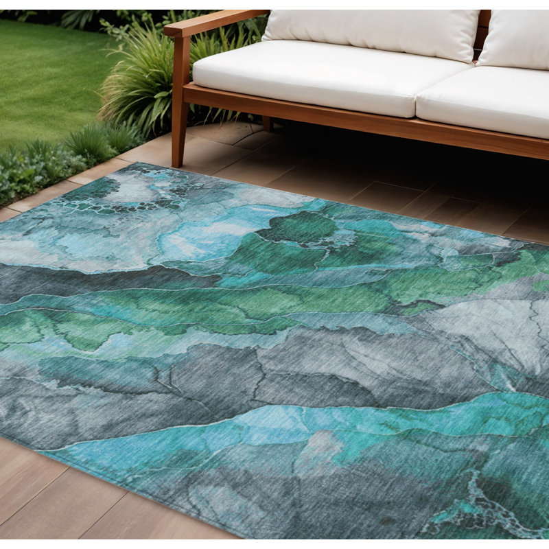 Tapis bleu sarcelle et ivoire lavable à l'extérieur 8 pi x 10 pi bleu sarcelle et ivoire