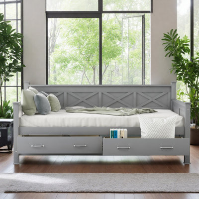 Twin Size Daybed With 2 Large Drawers, X-shaped Frame, Modern And Rustic Casual Style Daybed