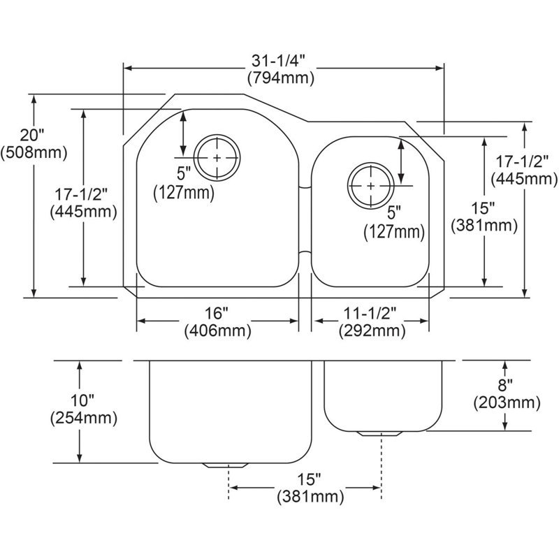 31.25" L x 20" W Double Basin Undermount Kitchen Sink