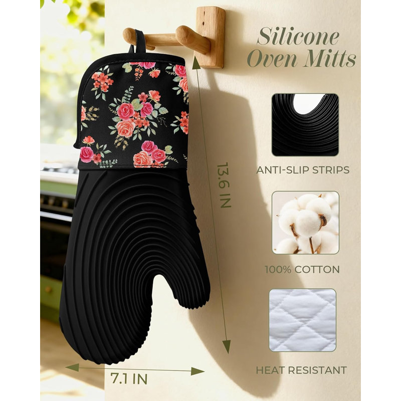 2 Pcs Rose Long Silicone Oven Mitts