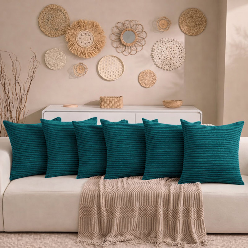 Aspire Homeware Striped Square Velvet Cushion Cover, Teal, Pack of 6