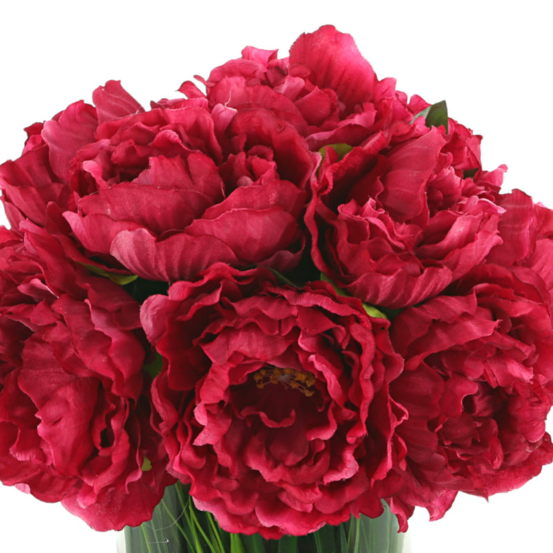 Peony Arrangement in Glass Vase with Grass, Magenta