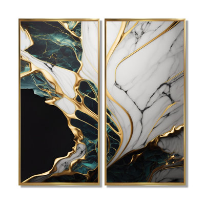 Abstract Geode Gold And Green Marble - Abstract Marble Canvas Art, Green Abstract Wall Art 2 Piece