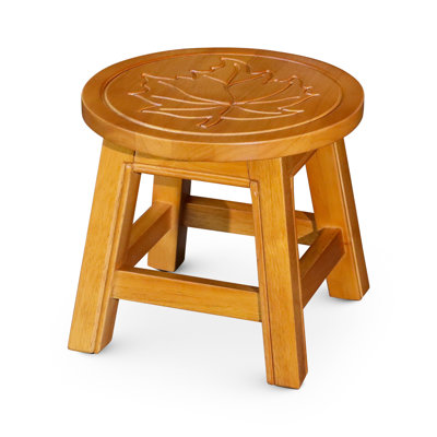 Wooden Step Stool In Natural, Bearing Attractive Maple Leaf - Versatile Natural With Fine Ornament Piece