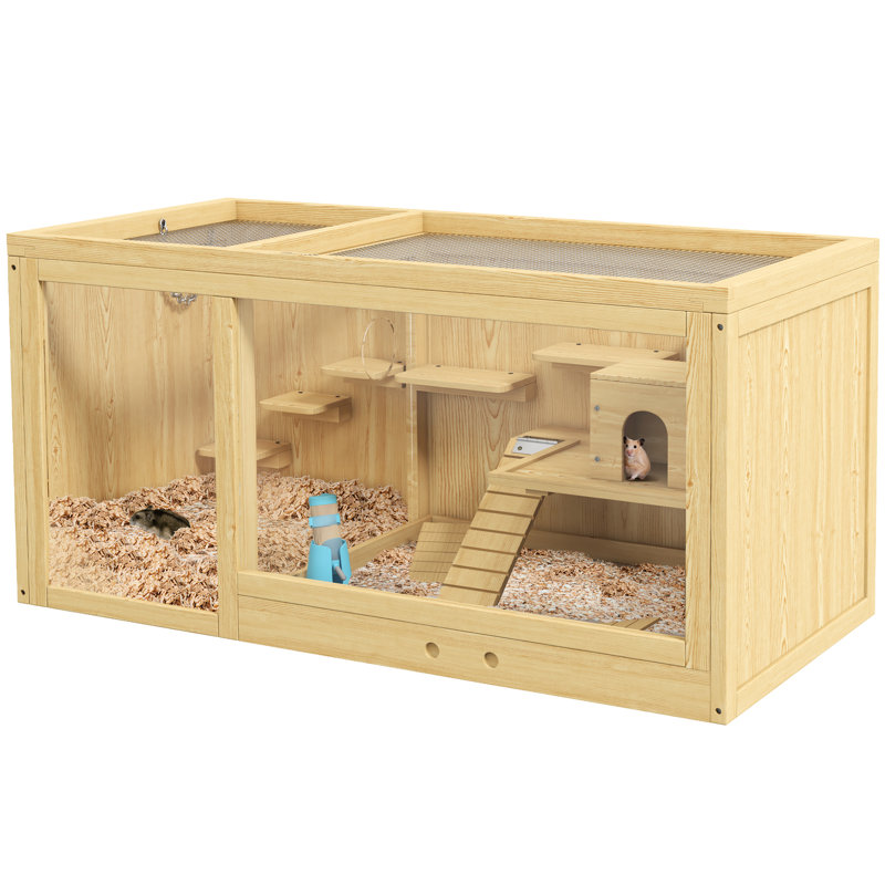 Cage à hamster en bois - grande, multicouche, avec balançoires à bascule, bouteille d'eau, plateau coulissant, plateau ouvert pour les hamsters nains et extra