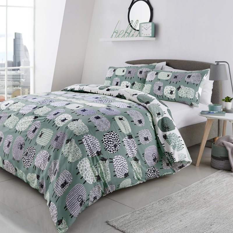Dotty Sheep 130 TC Reversible Modern & Contemporary Duvet Cover Set, Duck Egg, Super King - 2 Standard Pillowcases
