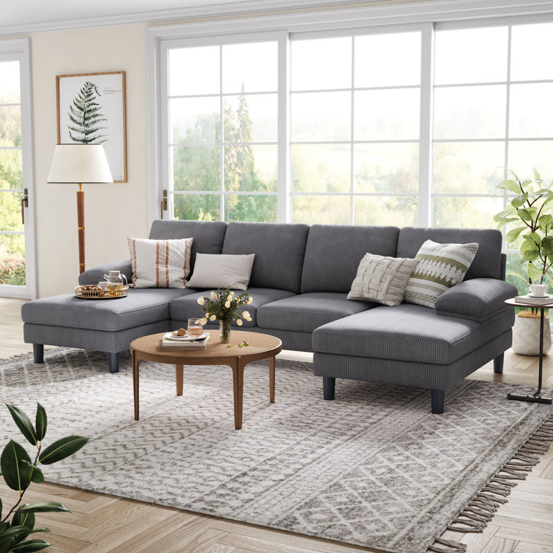  Canapé modulaire rembourré en U avec méridienne double 105 po Torince, Velours côtelé gris Lena