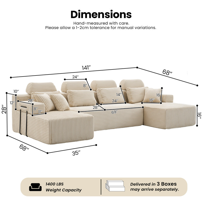 141" Cloud Modular U-Shaped Sectional Sofa with Chaise, Corduroy Oversized Couch for Living Room, No Assembly Required,White
