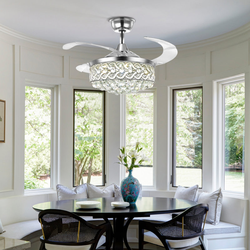 42''Retractable Crystal Chandelier Fan With Remote Control 3 Color 3 Speed Change, Silver