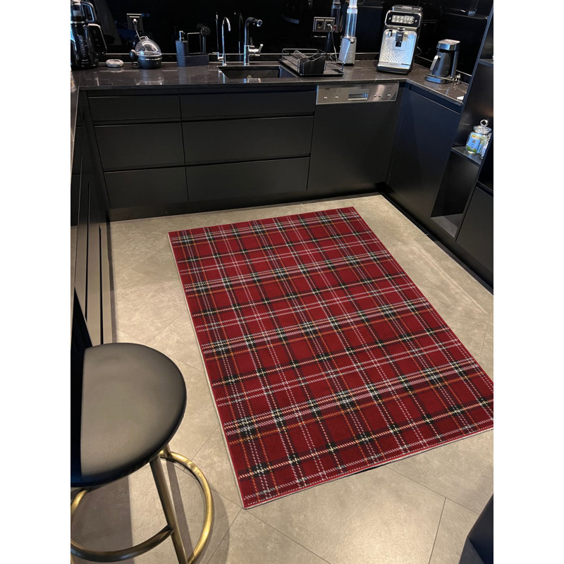 Tapis rouge tissé à motif écossais rouge, Rectangle 4 pi 7,12 po x 6 pi 6,74 po