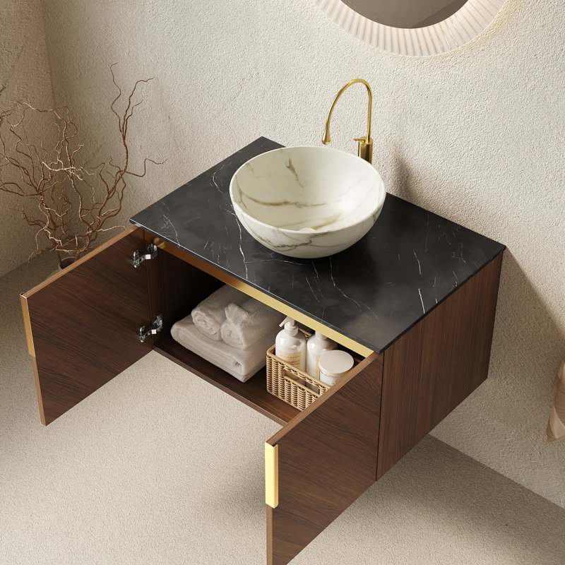 Meuble-lavabo 30 po, armoire de rangement flottante en contreplaqué avec portes doubles, comptoir en pierre frittée noire et cuve en céramique blanche à motif de pierres