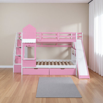 Full-Over-Full Castle Style Bunk Bed With 2 Drawers 3 Shelves And Slide
