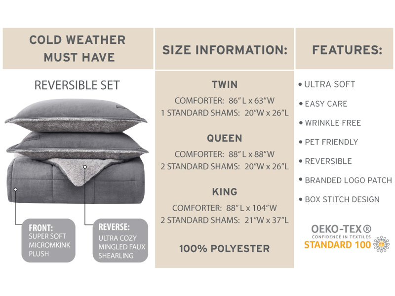 Ensemble d'édredon réversible en microsuède Eddie Bauer, Édredon double/grand et 2 taies décoratives, Gris