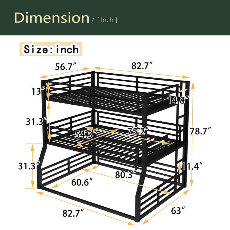 Bunk Bed, Metal Triple Bunk Bed With Safety Guardrails, Full Over Full Over Queen