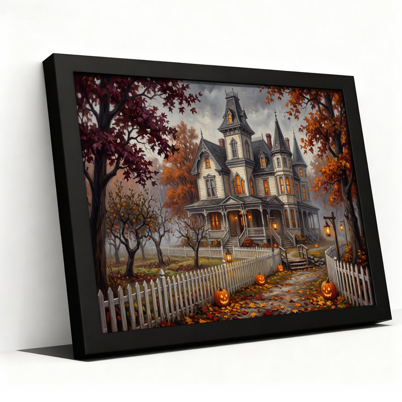 Toile victorienne avec feuilles d'automne et Jack O Halloween, 16"H x 24"W