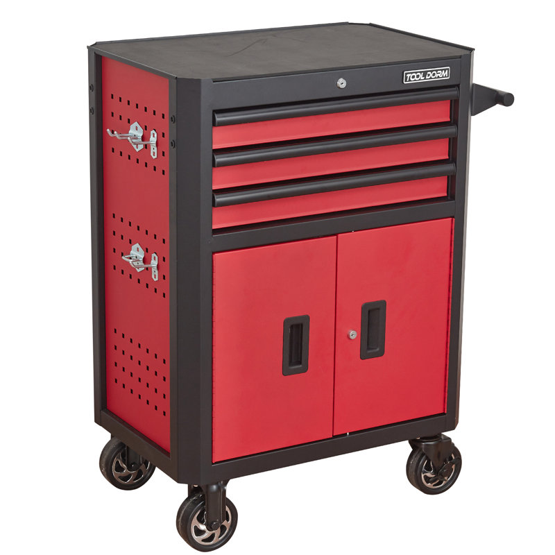 Coffre à outils à roulettes de 28 pouces à 3 tiroirs en noir et rouge, équipé de roues verrouillables pour l'entrepôt de rangement sur roulettes