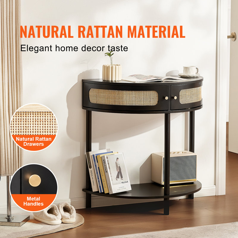 Black Wood Half-Moon Console Table with Rattan Storage
