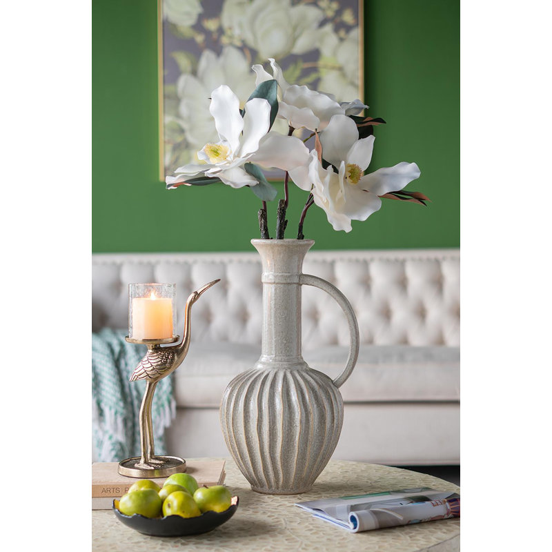 Decorative Round Ceramic Jug with Textured Ridged Design and Handle - 10.5" x 9.5" x 19" - Gold