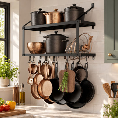 150 lb High-Capacity Pot Rack Wall Mounted with Pot Lid Holder, 34 Inch Heavy-Duty Pots and Pans Hanging Rack with 20 Hooks, Drilling Template Provided for Easy Install, Matte Black