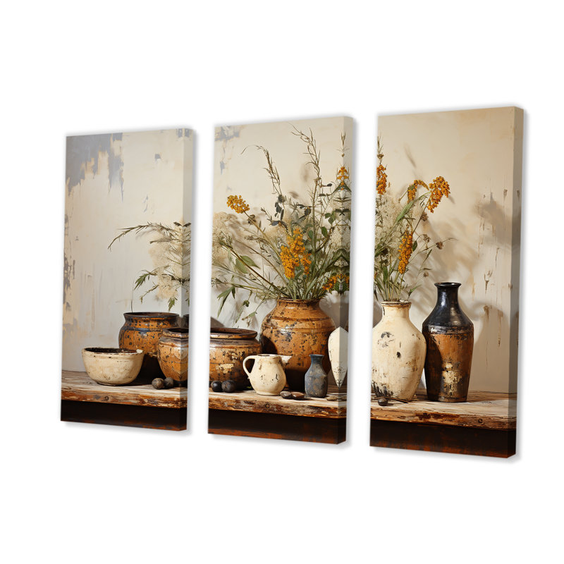 Art floral brun, poterie rétro, art mural Boho, H 28 po x l 36 po x P 1 po, Toile tendue