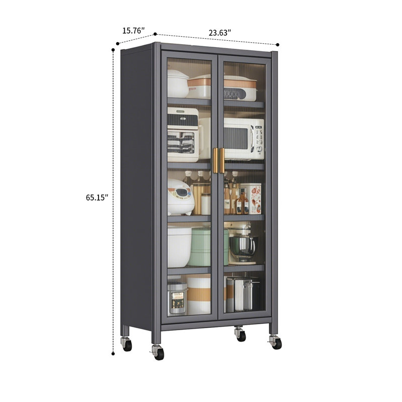 Armoire de rangement haute en métal avec portes en verre, tablettes réglables et roues verrouillables