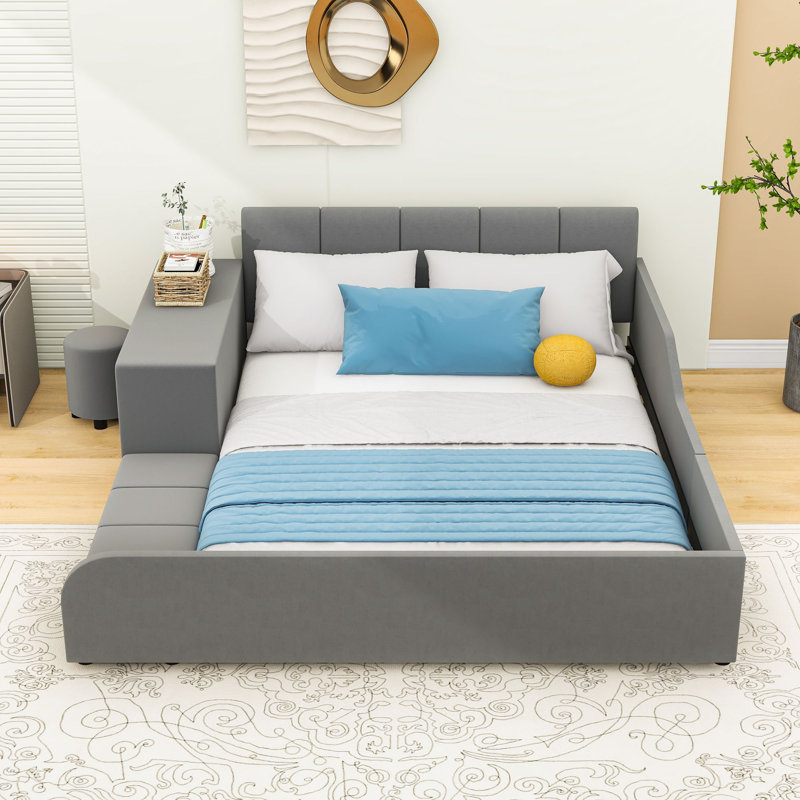 Lit plateforme en velours avec bureau Wakeeny, Grand, gris