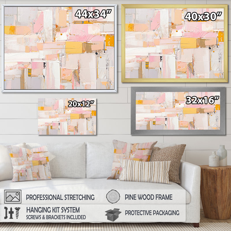 Art abstrait sur toile rose et or abstrait, Cadre doré simple, H 16 po x l 32 po x P 1 po