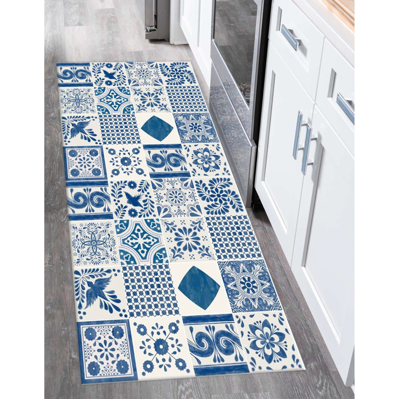 Tapis bleu / blanc en polyester tissé à la machine Megee, Tapis de couloir 2 pi 7 po x 9 pi 10 po