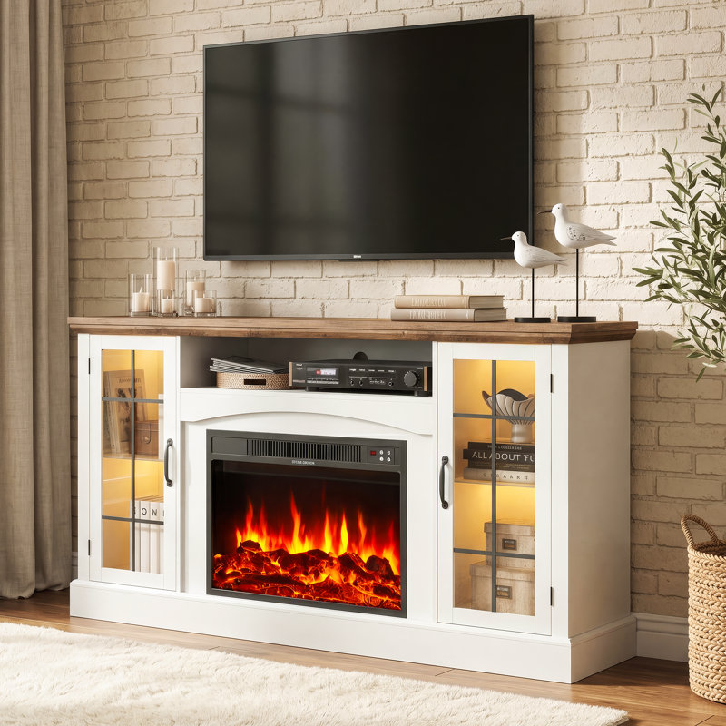 Meuble télé Farmhouse avec foyer électrique et console multimédia, H 32 po x L 58 po x l 15,7 po, Blanc / Brun