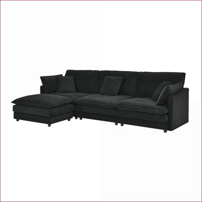 Canapé modulaire pour le salon, canapé convertible en forme de L 4 places moderne avec repose-pieds de rangement, tissu de serviette | Noir | Mousse