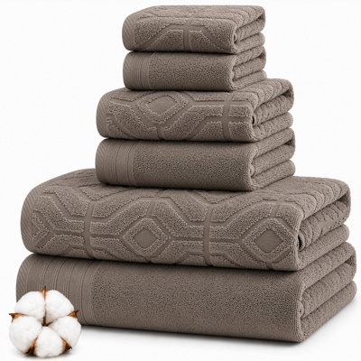 Modern Threads 6 Piece Set, 2 Bath Towels, 2 Hand Towels, 2 Washcloths, Diamond Gate Jacquard/Solid Towel Set