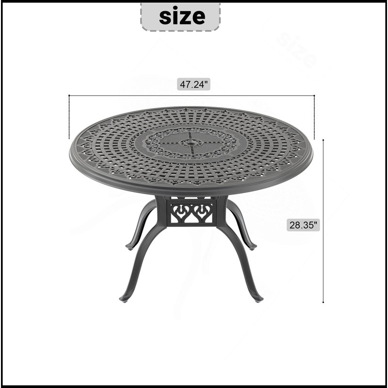 Table de salle à manger en aluminium coulé durable avec finition résistante aux intempéries et trou pour parasol pour les rassemblements extérieurs