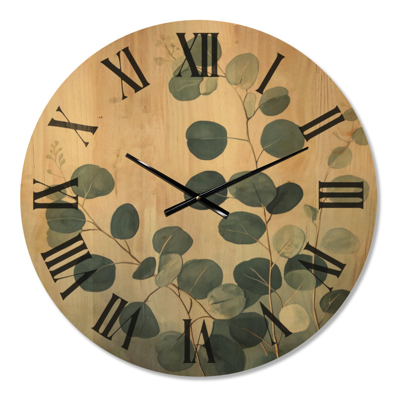 Brins d'eucalyptus côtiers I - Horloge murale ronde en bois à thème botanique, Grand