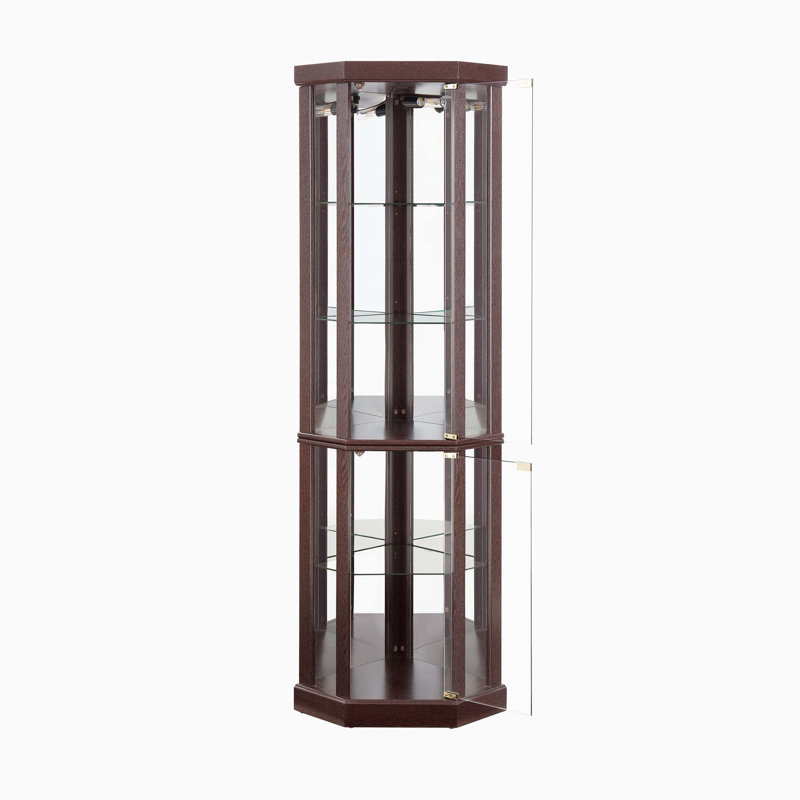 Lighted Corner Curio Cabinet - Elegant Glass Display Case With Built-In Lighting For Living Room & Bar Storage, Cherry